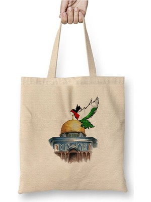 Toyaso Kudüs Beyaz Bez Çanta Uzun Saplı Alışveriş Çantası Plaj Çantası