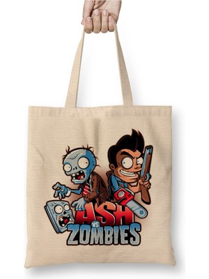 Toyaso Plants Vs Zombies Ash Vs Zombies Beyaz Bez Çanta Uzun Saplı Alışveriş Çantası Plaj Çantası