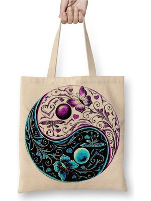 Toyaso Ying Yang Beyaz Bez Çanta Uzun Saplı Alışveriş Çantası Plaj Çantası