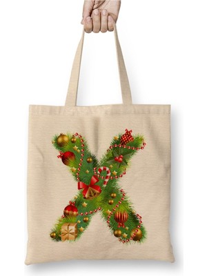 Toyaso Yeni Yıl Yılbaşı Özel x Harfli Mutlu Yıllar Bez Çanta Uzun Saplı Alışveriş Çantası Plaj Çantası