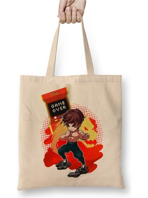 Toyaso Street Fighter Feilon Beyaz Bez Çanta Uzun Saplı Alışveriş Çantası Plaj Çantası