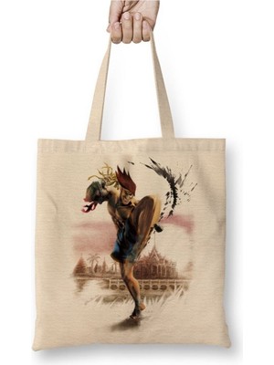 Toyaso Street Fighter Beyaz Bez Çanta Uzun Saplı Alışveriş Çantası Plaj Çantası