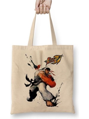 Toyaso Ryu Street Fighter Beyaz Bez Çanta Uzun Saplı Alışveriş Çantası Plaj Çantası