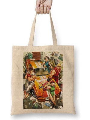 Toyaso Street Fighter Urbano Beyaz Bez Çanta Uzun Saplı Alışveriş Çantası Plaj Çantası