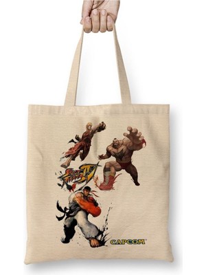 Toyaso Street Fighter 01 Beyaz Bez Çanta Uzun Saplı Alışveriş Çantası Plaj Çantası