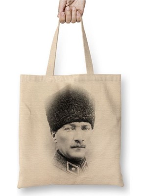 Toyaso Mustafa Kemal Atatürk 03 Beyaz Bez Çanta Uzun Saplı Alışveriş Çantası Plaj Çantası