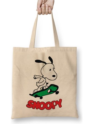 Toyaso Snoopy Skating Beyaz Bez Çanta Uzun Saplı Alışveriş Çantası Plaj Çantası