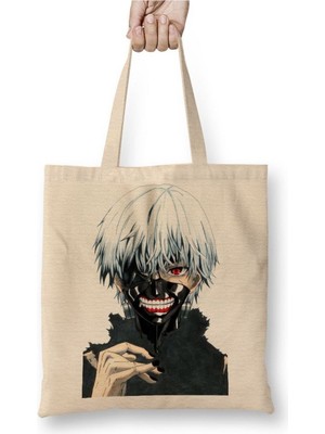 Toyaso Kaneki Ken Tokyo Ghoul Beyaz Bez Çanta Uzun Saplı Alışveriş Çantası Plaj Çantası