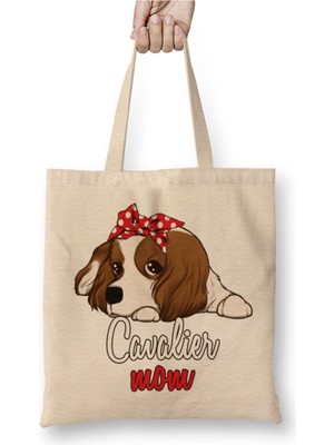 Toyaso Cavalier King Charles Mom Cartoon Dog Beyaz Bez Çanta Uzun Saplı Alışveriş Çantası Plaj Çantası