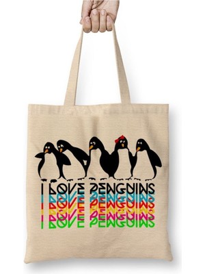 Toyaso Penguins Penguenbeyaz Bez Çanta Uzun Saplı Alışveriş Çantası Plaj Çantası