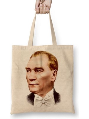 Toyaso Mustafa Kemal Atatürk 08 Beyaz Bez Çanta Uzun Saplı Alışveriş Çantası Plaj Çantası