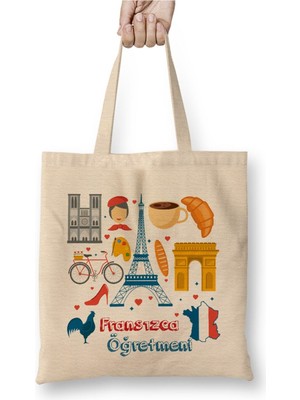 Toyaso Fransızca Öğretmeni Beyaz Bez Çanta Uzun Saplı Alışveriş Çantası Plaj Çantası