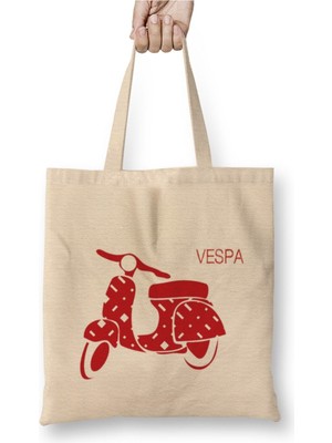 Toyaso Vespa Red Beyaz Bez Çanta Uzun Saplı Alışveriş Çantası Plaj Çantası