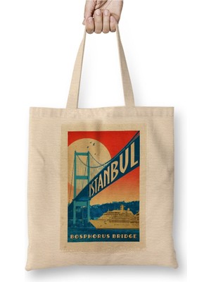 Toyaso Boğaz Köprüsü Beyaz Bez Çanta Uzun Saplı Alışveriş Çantası Plaj Çantası