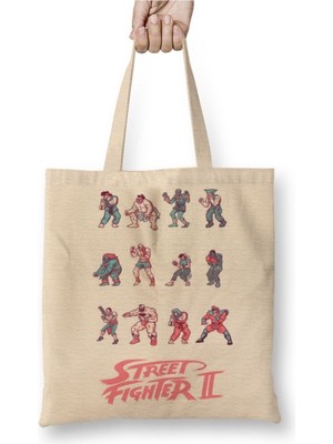 Toyaso Street Fighter 03 Beyaz Bez Çanta Uzun Saplı Alışveriş Çantası Plaj Çantası