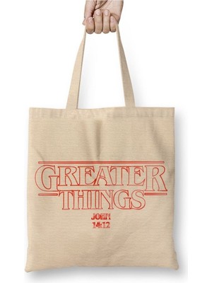 Toyaso Greater Things Stranger Temalı Beyaz Bez Çanta Uzun Saplı Alışveriş Çantası Plaj Çantası
