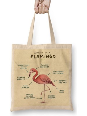 Toyaso Bir Flamingo Anatomisi Beyaz Bez Çanta Uzun Saplı Alışveriş Çantası Plaj Çantası