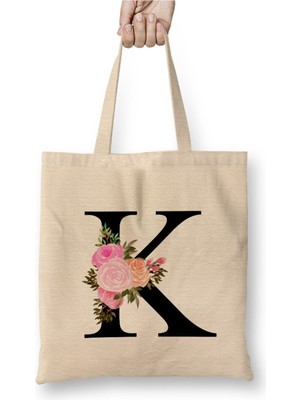 Toyaso K Harfi Beyaz Bez Çanta Uzun Saplı Alışveriş Çantası Plaj Çantası