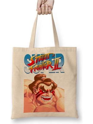 Toyaso Street Fighter 2 Guile Beyaz Bez Çanta Uzun Saplı Alışveriş Çantası Plaj Çantası