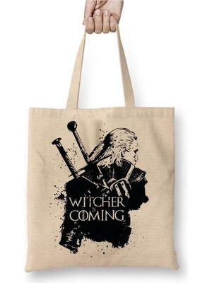 Toyaso The Witcher Is Coming Beyaz Bez Çanta Uzun Saplı Alışveriş Çantası Plaj Çantası