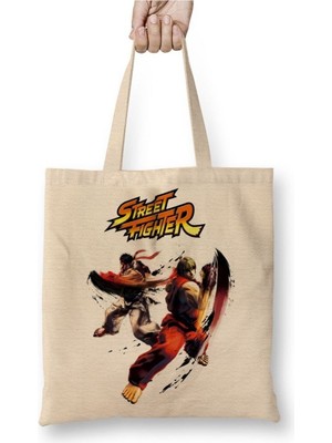 Toyaso Street Fighter 2 Zangief Beyaz Bez Çanta Uzun Saplı Alışveriş Çantası Plaj Çantası
