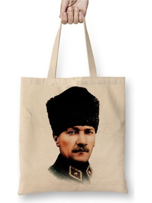 Toyaso Mustafa Kemal Atatürk 010 Beyaz Bez Çanta Uzun Saplı Alışveriş Çantası Plaj Çantası