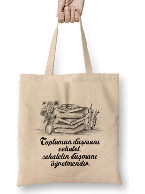 Toyaso Öğretmenler Günü Öğretmene Hediye Beyaz Bez Çanta Uzun Saplı Alışveriş Çantası Plaj Çantası