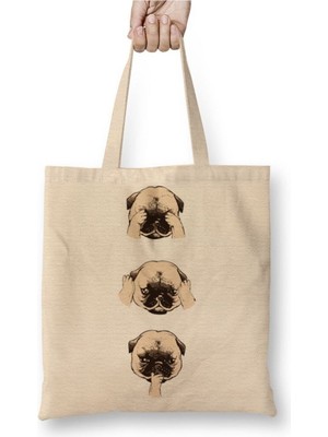 Toyaso Pug Köpek Beyaz Bez Çanta Uzun Saplı Alışveriş Çantası Plaj Çantası