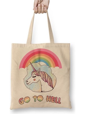 Toyaso Unicorn Go To Hell Beyaz Bez Çanta Uzun Saplı Alışveriş Çantası Plaj Çantası
