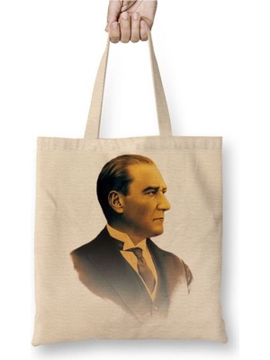 Toyaso Mustafa Kemal Atatürk 011 Beyaz Bez Çanta Uzun Saplı Alışveriş Çantası Plaj Çantası