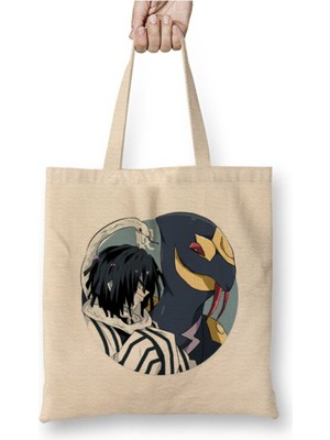 Toyaso Demon Slayer Iguro Beyaz Bez Çanta Uzun Saplı Alışveriş Çantası Plaj Çantası