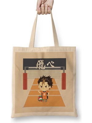 Toyaso Chibi Yu x Nishinoya Haikyuu Beyaz Bez Çanta Uzun Saplı Alışveriş Çantası Plaj Çantası