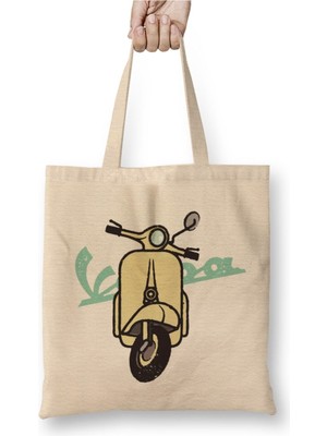 Toyaso Vespa 01 Beyaz Bez Çanta Uzun Saplı Alışveriş Çantası Plaj Çantası