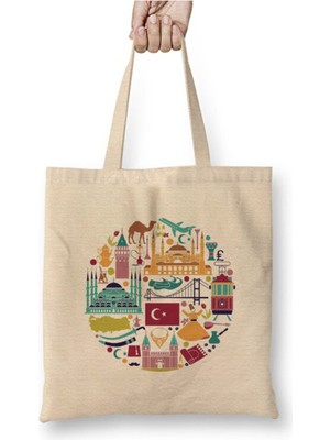 Toyaso Türkiye Kolaj Hediyelik Anı Gezi Turistik Beyaz Bez Çanta Alışveriş Çantası Plaj Çantası