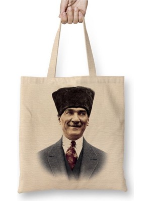 Toyaso Mustafa Kemal Atatürk 013 Beyaz Bez Çanta Uzun Saplı Alışveriş Çantası Plaj Çantası