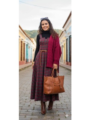 Bosel Kadın Omuz Askılı Full Ekose Detay Elbise