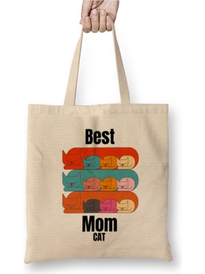 Toyaso Best Mother Ever Cat Anneler Günü Beyaz Bez Çanta Uzun Saplı Alışveriş Çantası Plaj Çantası