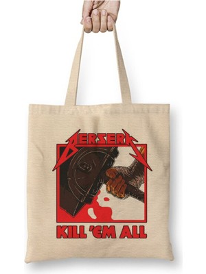 Toyaso Berserk Guts Kill'em All Beyaz Bez Çanta Uzun Saplı Alışveriş Çantası Plaj Çantası