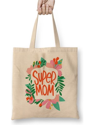 Toyaso Supermom Süperanne Anneler Günü 06 Beyaz Bez Çanta Uzun Saplı Alışveriş Çantası Plaj Çantası