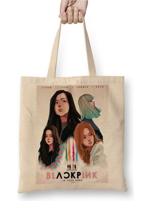 Toyaso Black Pink Blackpink Beyaz Bez Çanta Uzun Saplı Alışveriş Çantası Plaj Çantası