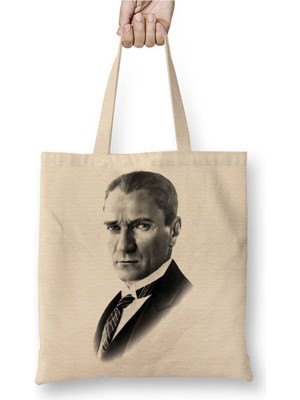 Toyaso Mustafa Kemal Atatürk 02 Beyaz Bez Çanta Uzun Saplı Alışveriş Çantası Plaj Çantası