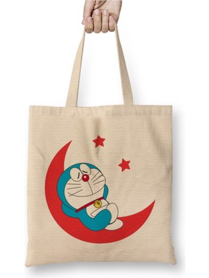 Toyaso Doraemon Moon Beyaz Bez Çanta Uzun Saplı Alışveriş Çantası Plaj Çantası