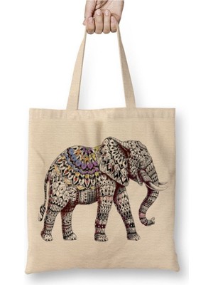 Toyaso Elephant Color Fil Beyaz Bez Çanta Uzun Saplı Alışveriş Çantası Plaj Çantası