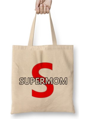 Toyaso Supermom Süperanne Anneler Günü 07 Beyaz Bez Çanta Uzun Saplı Alışveriş Çantası Plaj Çantası