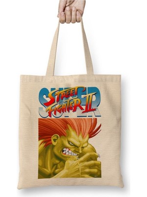 Toyaso Street Fighter 2 Bison Beyaz Bez Çanta Uzun Saplı Alışveriş Çantası Plaj Çantası