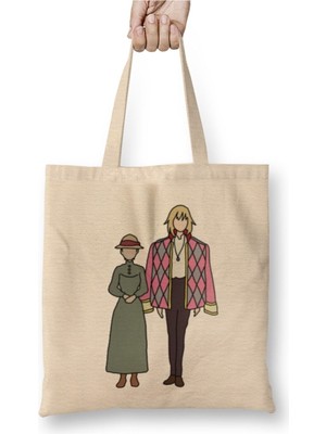Toyaso Howl's Moving Castle 002 Beyaz Bez Çanta Uzun Saplı Alışveriş Çantası Plaj Çantası