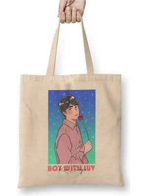 Toyaso Boy With Luv Bts Kim Seokjin Beyaz Bez Çanta Uzun Saplı Alışveriş Çantası Plaj Çantası