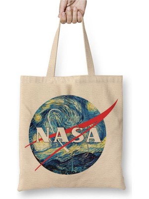 Toyaso Nasa Van Gogh Yıldızlı Gece Logo Beyaz Bez Çanta Uzun Saplı Alışveriş Çantası Plaj Çantası