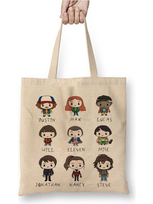 Toyaso Stranger Things Team Beyaz Bez Çanta Uzun Saplı Alışveriş Çantası Plaj Çantası