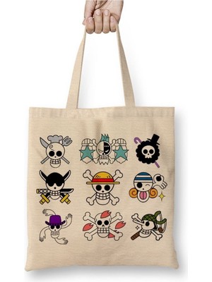Toyaso One Piece Full Skull Beyaz Bez Çanta Uzun Saplı Alışveriş Çantası Plaj Çantası